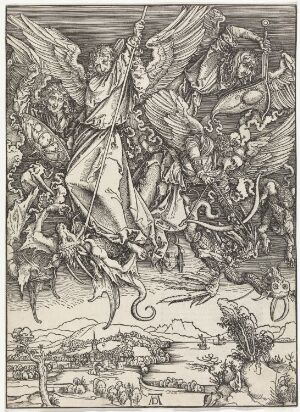  "Michael Fighting the Dragon (The Apocalypse)" by Albrecht Dürer, a detailed monochromatic woodcut showing the Archangel Michael with outstretched wings and angels battling a multi-headed dragon, over a calm landscape below.