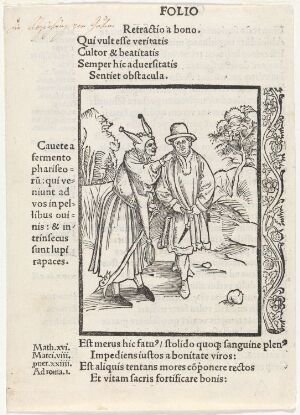  Woodcut by Albrecht Dürer titled "Of Withdrawing From Doing Good (Ship of Fools)," showing two male figures, one in laborer's attire with a sack and spade and the other in period clothing with a hat and feather, in an outdoor setting with a bare tree and ground details, framed by text in Latin.