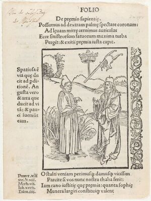  Black and white woodcut print titled "Of Reward for Wisdom (Ship of Fools)" by Albrecht Dürer on paper, displaying a jester to the left in a comedic hat, engaging with a solemn cloaked scholar to the right, under a surreal fruit-bearing plant above them, with