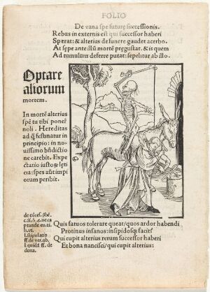  Woodcut by Albrecht Dürer titled "Of Expecting Inheritance (Ship of Fools)," depicting an elderly man speaking to a skeleton symbolizing death, with an ox or cow's head in the background, all framed within a simple border, with old Gothic script text above the art on a paper material.