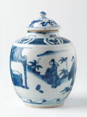  A traditional blue and white porcelain jar with a lid, featuring intricate patterns of landscape and figural scenes in varied shades of blue on a white background.