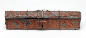  Antique wooden container "Skrin" by an unidentified artist, featuring red and blue carved decoration and iron fittings.