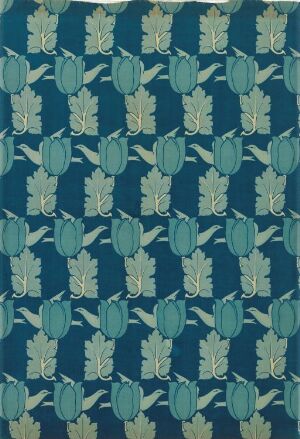  A repeating pattern of stylized blue tulips with light green stems and leaves against a deep teal background, evoking a tranquil, ornamental effect.