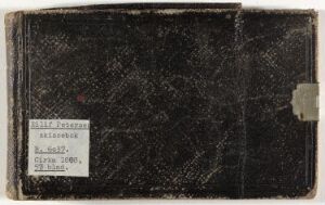  A worn black sketchbook titled "Skissebok fra Norge og Italia" with visible signs of wear and use on its cover. The cover features a white label with printed text and a small adhesive square on the bottom right, set against a dark, textured background.