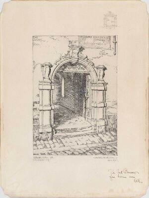  Pencil and pen drawing by artist Georg Eliassen titled "Port til Prästgatan 78" on off-white paper depicting an ornate stone archway entrance with cobblestone ground, characterized by intricate mouldings, flanking pilasters, and a central keystone with decorative elements on top. The artwork conveys historical architecture in monochrome with a compelling play of light and shadow.