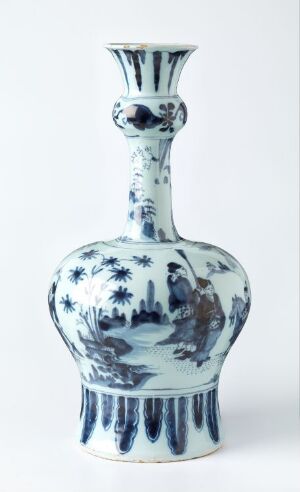  A blue and white porcelain vase with a bulbous base and elongated neck, decorated with traditional Chinese landscape scenes and abstract patterns.