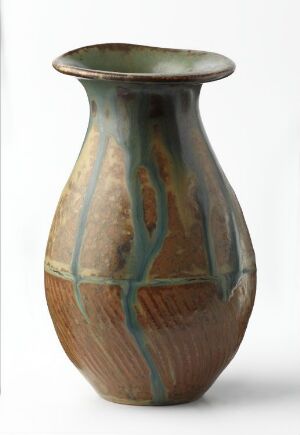  A ceramic vase with a narrow, rounded base and a flared opening at the top, featuring earthy tones with vertical streaks of moss green and rust-colored glazes over a warm beige base color, conveying a rustic and handcrafted appearance.