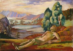  An impressionistic oil painting on canvas by Axel Revold featuring a reclining nude figure in a lush, colorful landscape with a lake, hills, and expressive trees under a softly illuminated sky. The painting conveys a serene, contemplative mood with a vibrant color palette and dynamic brushwork.