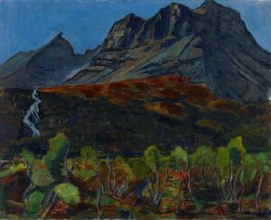  Oil on canvas painting "From Innerdalen" by Axel Revold depicting a dark, rugged mountain landscape under a dusky blue sky, with a colorful foreground of autumn foliage and a striking waterfall or stream on the right.