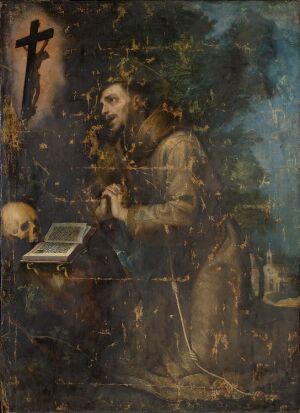 
 Oil painting by Ludovico Cardi Cigoli, depicting a contemplative figure in earth-toned robes wearing a crown of branches, beside a large crucifix and a skull atop a pedestal, set against a dark forest background, all rendered in detailed textures and a muted color palette.