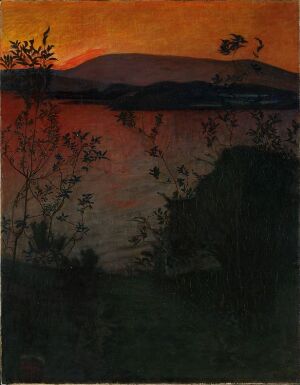  "Evening Glow" by Harald Sohlberg, an oil on canvas painting featuring a fading evening sky with dark blues that transition to a vibrant band of orange and red over a mountain range silhouette, with dark green and brown shades in the landscape and the black silhouettes of trees and shrubs in the foreground, evoking a serene twilight atmosphere.