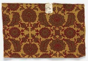  An patterened fabric with an intricate design of large crimson florals and dark brown foliage on a beige background, showcasing a classical and traditional aesthetic. Artist name and title are unknown.