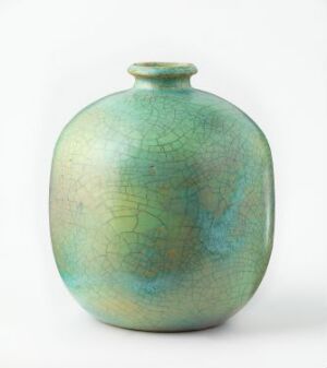  A round-bodied, flattened ceramic vase with a small neck and flared lip, featuring a green and aqua blue crackled glaze finish on a white background.