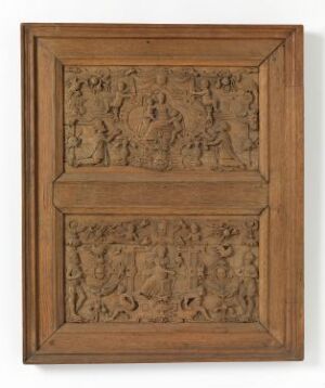  A rectangular, two-sectioned wooden panel with intricate relief carvings, featuring a central figure surrounded by what may be other characters or animals in each section, all enclosed within a raised border. The panel is medium brown, indicative of wood with an aged patina.