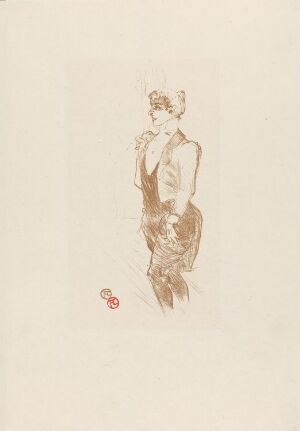  "Mary Hamilton" by Henri de Toulouse-Lautrec, a lithograph on paper depicting a woman from the late 19th century in a dress, sketched in sepia tones on a pale beige background.