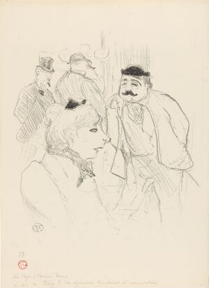  "La Tige - Moulin Rouge," a lithograph by Henri de Toulouse-Lautrec, featuring a contemplative woman in profile with a flower in her hair and two men in the background, executed with delicate line work in grayscale.