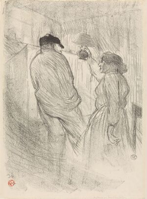  Lithographic print on paper by Henri de Toulouse-Lautrec, titled "Au Théâtre Libre: Antoine dans L'Inquiétude," depicting two figures immersed in a theatrical exchange, with the man in loose clothing on the left and the woman making a gesture to the right, all rendered in muted tones and expressive lines characteristic of the artist's style.