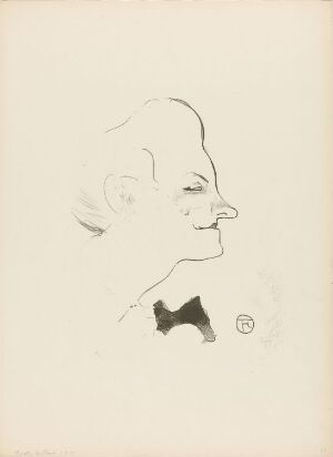  A lithograph by L'Estampe originale titled "Yvette Guilbert" featuring a profile line drawing of a smiling female figure with a bow tie, executed in a minimalistic black line on cream-colored paper.