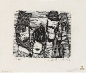  A woodcut print titled "Uten tittel" by Knut Rumohr, depicting four stylized faces closely grouped together, rendered in black ink on paper, highlighting the textural detail achieved through varying hatching and engraving techniques.