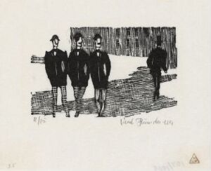  "Alle de brede Gader, der løbe mot Syd og Sydvest, vare fulde af Solskin," a monochromatic woodcut print on paper by Knut Rumohr, showing four stylized human figures with elongated shadows walking on an abstract representation of an urban street, with the texture of the woodcut technique visible in the black ink against a white background.