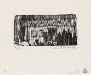  A black and white woodcut by Knut Rumohr titled "Der holdtes Thing paa Lensmandsgaarden," depicting a group of figures congregated in front of a traditional wooden building, with distinctive vertical lines indicating the texture of the wood and stark contrasts emphasizing the silhouettes of the figures and the structure. The paper appears off-white, highlighting the expressive lines of the woodcut technique.