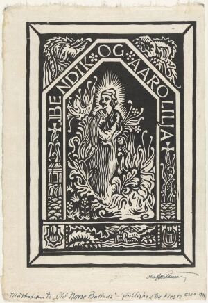  "Bendik og Årolilja" by Olaf Willums, a monochromatic woodcut print showing a stylized female figure surrounded by ornate floral patterns within a decorative border, all in black ink on a white paper background.