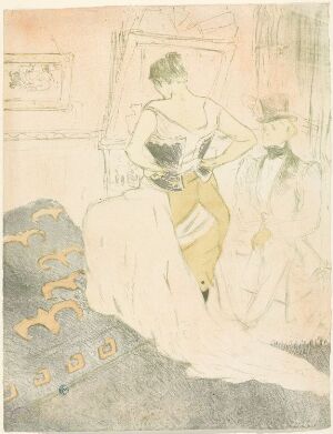  "Woman in Corset" by Henri de Toulouse-Lautrec, a color lithograph on paper, showing an elegant woman standing in a corset with one hand on her hip and a relaxed yet confident posture, against a softly colored background with subtle details.