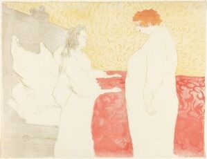  A lithograph by Henri de Toulouse-Lautrec titled "Woman in Bed, Profile, Awakening," depicting two women in a bedroom; one seated on a bed covered with yellow sheets and a vibrantly red bedcover, and the other standing, facing the seated woman in a scene filled with soft hues and a sense of quiet morning light.