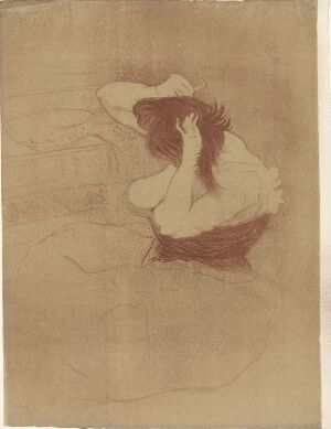  "Woman Combing Her Hair" by Henri de Toulouse-Lautrec, a two-color lithograph on paper, portrays a woman in a moment of personal care, showing a profile view of her combing her fingers through her hair, evoking a quiet, intimate atmosphere in sepia tones.