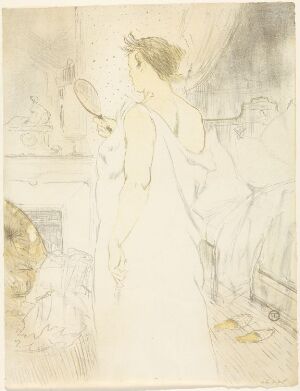  "Woman with Hand Mirror" by Henri de Toulouse-Lautrec - a subtle lithograph print of a woman in a light dress examining herself in a handheld mirror, set against a lightly sketched interior background.