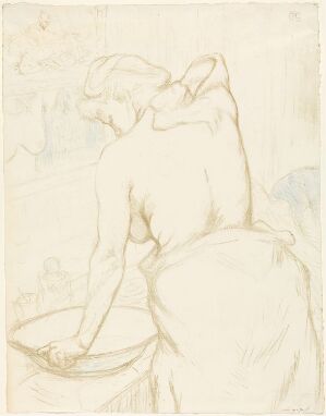  A lithograph by Henri de Toulouse-Lautrec titled "Woman at her Toilette, Washing Herself," featuring a subtly outlined image of a woman washing, her back to the viewer, captured in gentle sepia-like tones on paper.