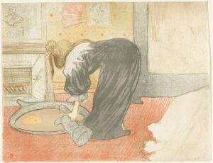  "Woman at the Tub" is a color lithograph by Henri de Toulouse-Lautrec showing a woman bent over a basin on the floor, busy washing, with a focus on soft pastel colors and a quiet, domestic scene.