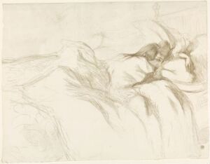  "Woman Waking Up in Bed" by Henri de Toulouse-Lautrec, a lithograph on paper showcasing a serene scene of a woman lying in bed with a soft color palette of beiges and creams, evocative of the calm of early morning.