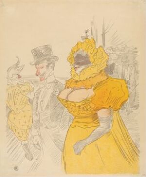  "At the Students’ Ball" by Henri de Toulouse-Lautrec, depicting a woman in an elegant yellow dress at a social event with indistinct figures in the background, conveying a sense of a lively party atmosphere.