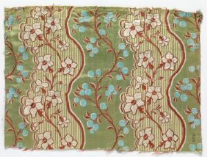  An ornate floral textile featuring a muted green background with creamy tan vines and clusters of blush pink and sky blue flowers, displaying a vintage charm with slightly frayed edges.