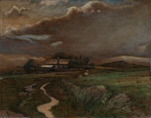  "Fra Halland," a painting by Nils Kreuger, depicting a winding sandy path through dark green fields with bursts of purple and red flowers, leading to a village with golden-brown thatched roofs, under a dynamic sky of swirling gray, blue, and amber clouds.