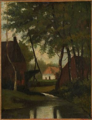 
 "Rural Landscape" by Léon Germain Pelouse is an oil on canvas artwork depicting a serene scene of a stream bordered by lush trees with a footbridge in the foreground, rustic buildings in the mid-ground, and an overcast sky above, executed in a palette of greens, browns, grays, and soft reds.