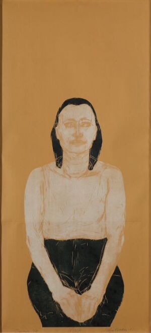  "Irina" by Sonja Krohn, a two-color woodcut print on paper depicting a stylized female figure in white and black seated against a warm beige background, with abstracted features and a contemplative expression.