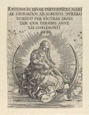  "The Virgin on the Crescent" by Albrecht Dürer, a monochromatic woodcut print showing the Virgin Mary seated on a crescent moon with a halo of light, surrounded by detailed Latin text in the background.