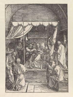 
 A black and white woodcut print by Albrecht Dürer titled "The Death of the Virgin" from "The Life of the Virgin" series, showing the Virgin Mary on her deathbed surrounded by mournful apostles and figures in a room with an arched ceiling and detailed texture.