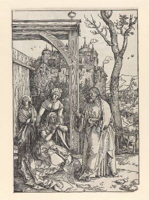  "Christ Taking Leave of His Mother" by Albrecht Dürer, a black and white woodcut print depicting Jesus blessing his grieving mother and followers