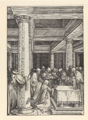  "The Presentation of Christ in the Temple," a monochromatic woodcut print by Albrecht Dürer, illustrating the biblical event with the Virgin Mary presenting the infant Jesus to Simeon in a detailed temple setting, filled with architectural elements and a crowd of spectators.