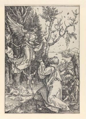  "Joachim and the Angel" by Albrecht Dürer, a monochromatic woodcut print. It depicts Joachim kneeling in prayer on the left, facing a standing angel to the right amidst a detailed, wild landscape with trees and a distant town, encapsulating the essence of divine encounter in a natural setting.