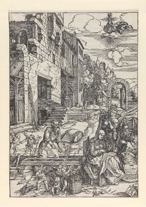  A monochromatic woodcut titled "The Holy Family in Egypt" by Albrecht Dürer, depicting the Virgin Mary reading beside the sleeping infant Jesus with Joseph close by, set against a detailed backdrop of classical architecture, townsfolk, and a celestial presence indicated by angels in the clouds above.