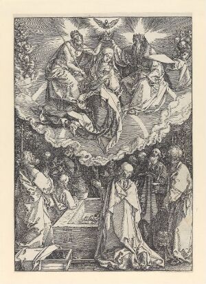  "Assumption and Coronation of the Virgin" by Albrecht Dürer, a monochromatic woodcut print depicting the Virgin Mary being crowned by Christ and God the Father in heaven, surrounded by angels, with apostles gazing at her empty tomb below.