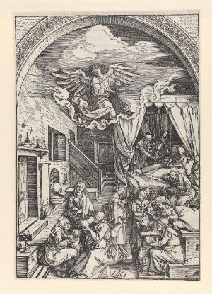  Black and white woodcut print "The Birth of the Virgin" by Albrecht Dürer, featuring a detailed Renaissance indoor scene with women attending to a newborn and a reclining mother, and angels in the clouds above celebrating the birth.