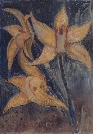  "Lillies" by Olav Strømme - A mixed technique painting on plate featuring a dark background with a vivid cluster of yellow lilies, highlighted by strokes of red and a blend of green and blue for foliage. The brushwork adds texture, creating a sense of depth and vibrancy within the flowers.