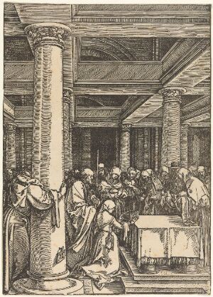  "The Presentation of Christ in the Temple," a black and white woodcut print on paper by Albrecht Dürer, depicting the Virgin Mary presenting the Christ Child to Simeon in a temple filled with classical columns and an attentive crowd.