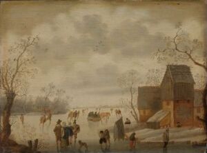  "Vinterlandskap" by Antoni van Stralen, an oil painting on wood depicting a tranquil winter scene with leafless trees, a modest building, and figures ice skating on a frozen body of water. The work features a muted color palette of browns, grays, and pale blues, conveying the serenity of a cold, overcast day.