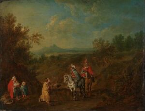  "Landscape with Riders" by Joos de Momper (II), an oil painting on wood panel depicting a group of figures with horses in a lush green rolling